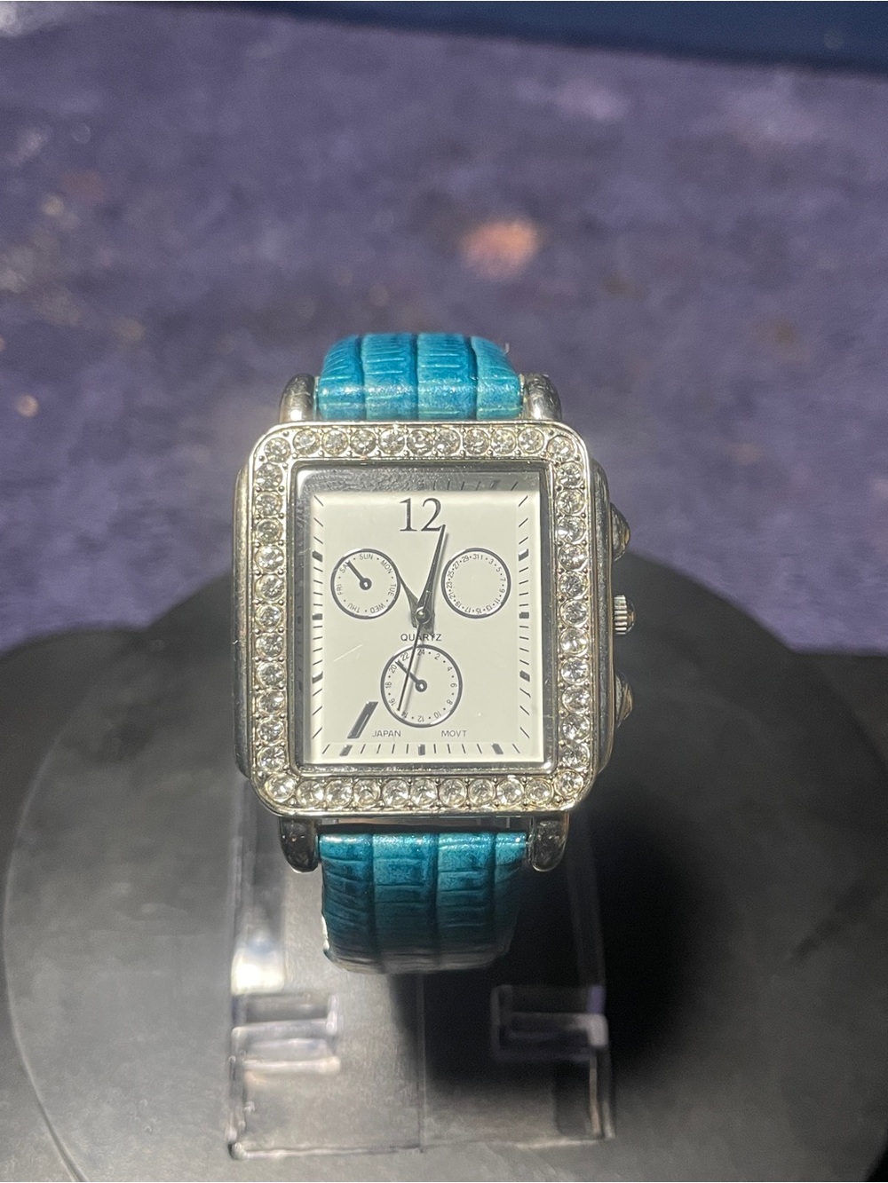 Square Crystal-Bezel Watch with Blue Strap